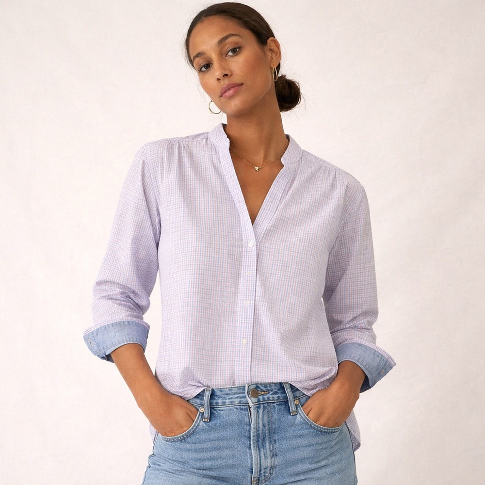 KMJ Collarless Popover-Style Shirt Blue Pink Micro Check Cotton Sz S Made in USA